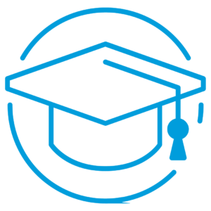 Blue graduation cap icon enclosed in a circle.