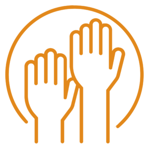 Two raised hands inside a circular outline in orange.