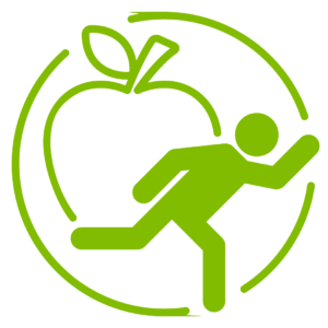 Green icon of a person running with an apple and circular arrow.