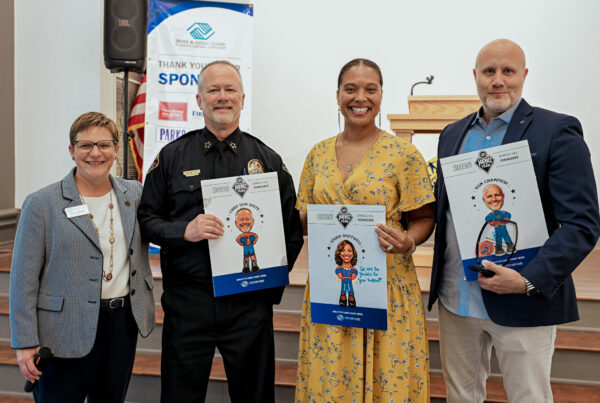 CEO Ginny Wright Poses with Spring Hill hero of the year candidates, Chief Don Brite, Erinn Hartwell and Tom Champion at UAW hall in Spring Hill